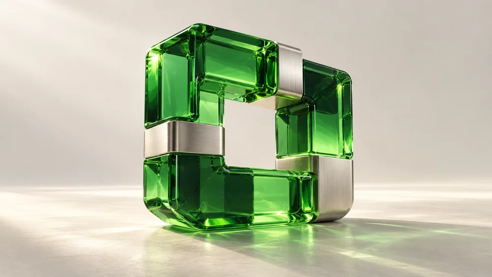 Emerald glass modules connected into a single sculptural loop