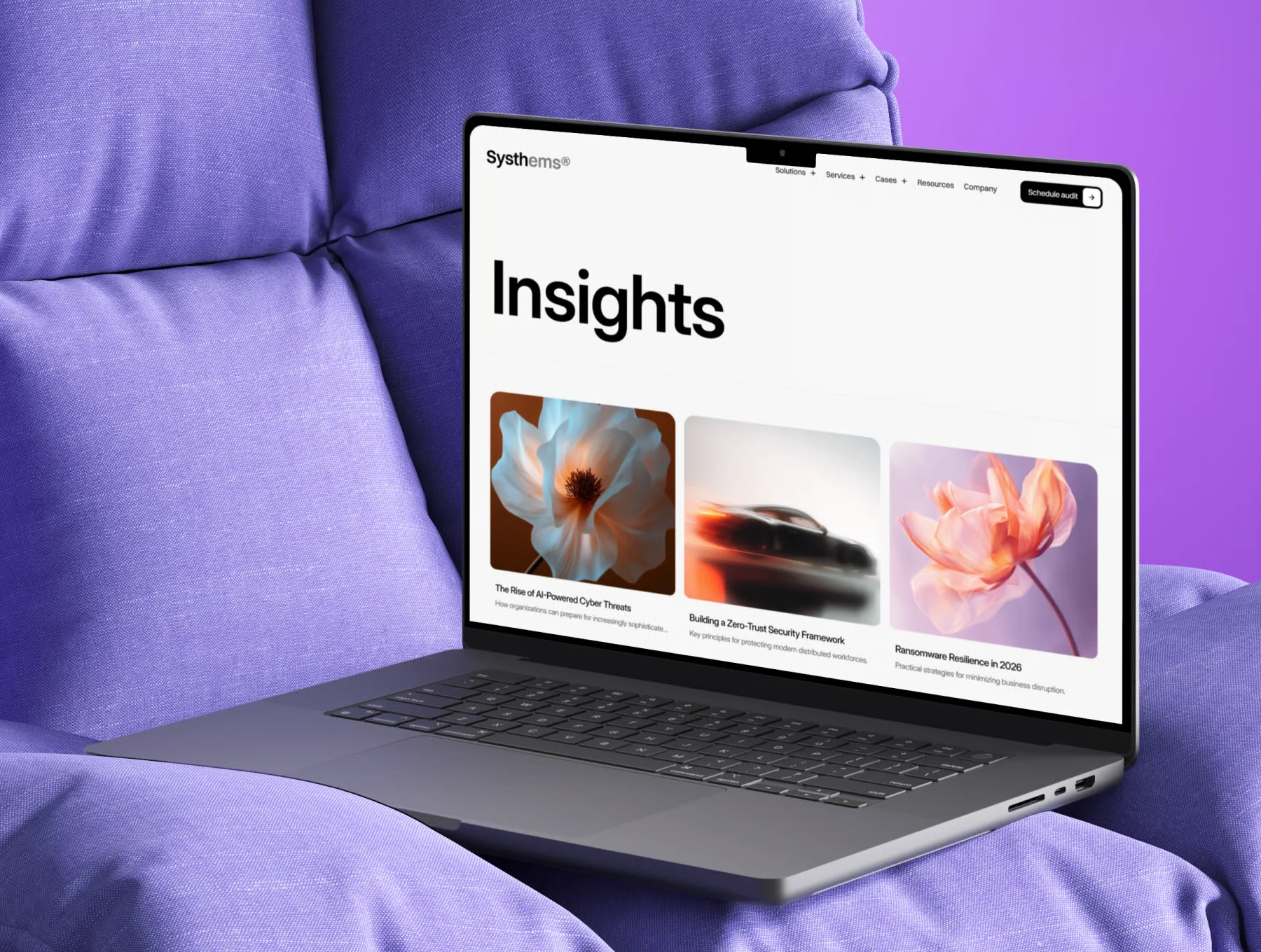 Systhems insights page concept featuring editorial cybersecurity articles